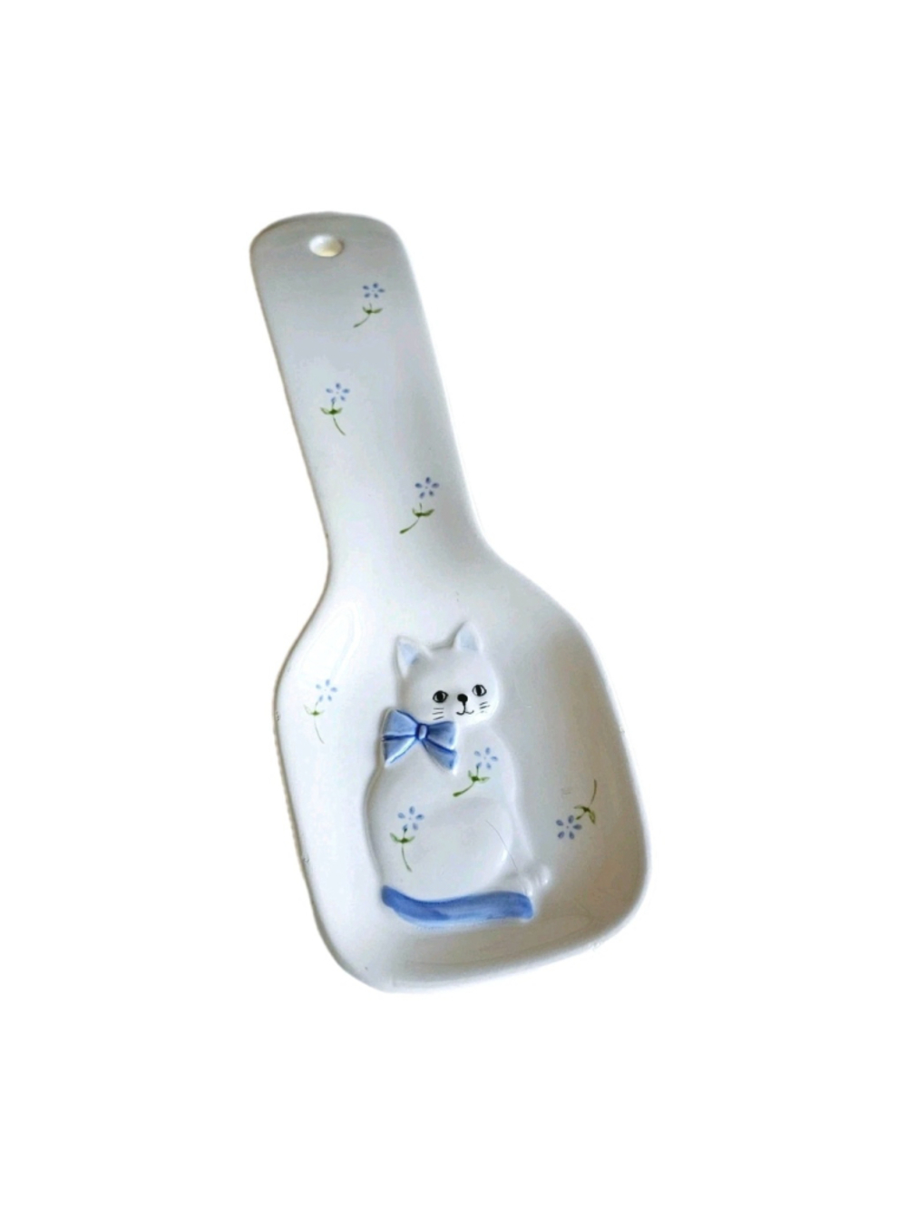 Vintage Otagiri Blue Cat Spoon Rest Japan Ceramic 8.75" Bowtie Flowers